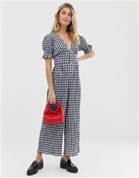 ASOS DESIGN gingham jumpsuit with puff sleeves-Blue από το Asos