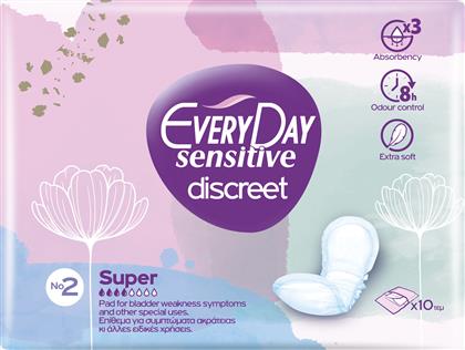 Every Day Sensitive Discreet Super No2 Γυναικείες Σερβιέτες Ακράτειας Κανονικής Ροής 4 Σταγόνες 10τμχ
