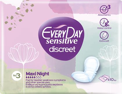 Every Day Sensitive Discreet Maxi Night No3 Γυναικείες Σερβιέτες Ακράτειας Κανονικής Ροής 5 Σταγόνες 10τμχ