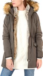 Funky Buddha FBL107-01218 Μακρύ Γυναικείο Μπουφάν Παρκά με Γούνινη Κουκούλα για Χειμώνα Χακί από το Factory Outlet