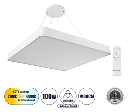 Kamala Τετράγωνο Κρεμαστό LED Panel 100W με Ρυθμιζόμενο Λευκό Φως 80x80εκ. GloboStar