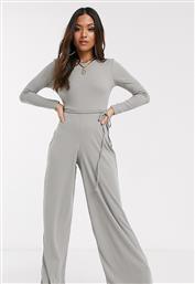 Missguided Petite ribbed jumpsuit with tie waist in grey από το Asos