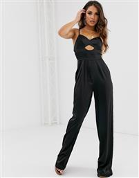 Missguided satin wide leg jumpsuit with cut out detail in black από το Asos
