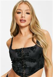 Motel square neck satin corset with spaghetti straps-Black από το Asos