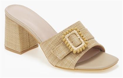 Mules Χοντρό Τακούνι Ψάθινο Σχέδιο Κάμελ - Issue Fashion