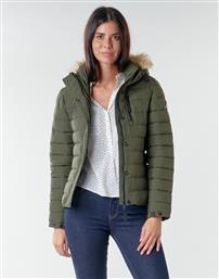 Superdry Fuji Κοντό Γυναικείο Puffer Μπουφάν με Γούνινη Κουκούλα για Χειμώνα Χακί από το Spartoo