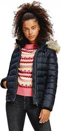Tommy Hilfiger Κοντό Γυναικείο Puffer Μπουφάν με Γούνινη Κουκούλα για Χειμώνα Μαύρο από το Cosmos Sport