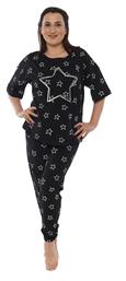 Vienetta Γυναικεία καλοκαιρινή βαμβακερή πυτζάμα ''Stars'' με κοντό μανίκι και μακρύ παντελόνι Plus Size (1XL-4XL)-012257 Μαύρο